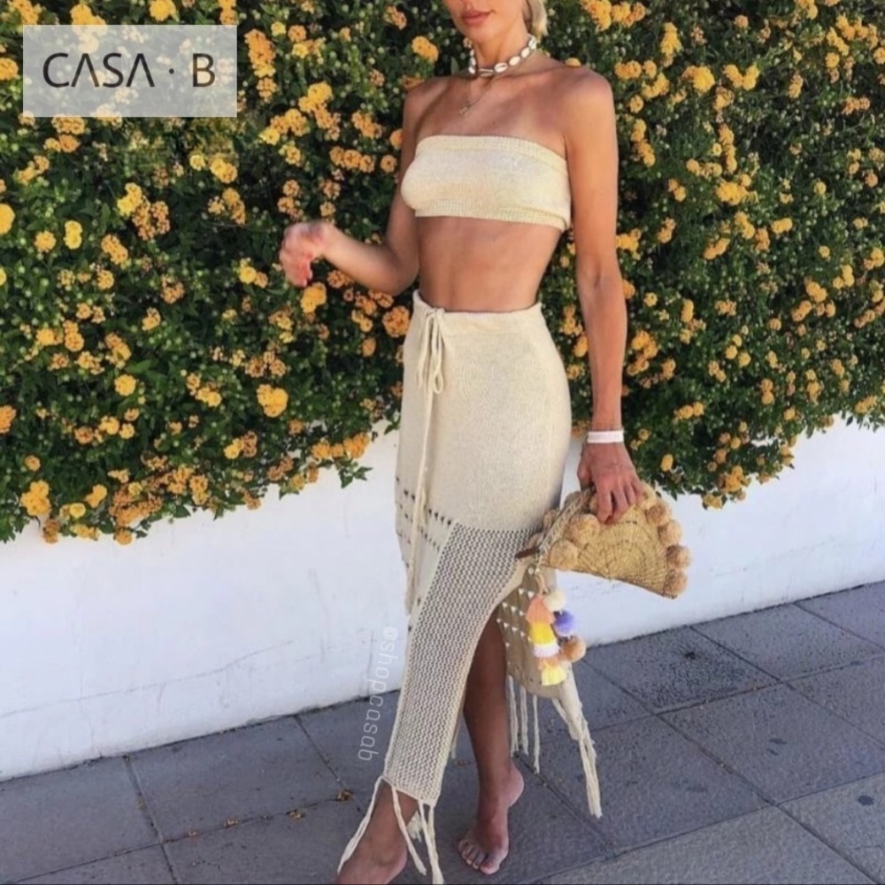 NEW to CASA B | ST. LUCIA Midi Knit Fringe Skirt Set in Light Sand Beige